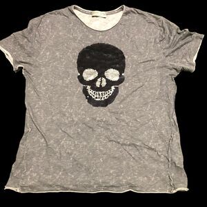 Zara Boys Flip Sequin Skull T-Shirt w/Exposed Seams Heather Grey; SZ 11/12